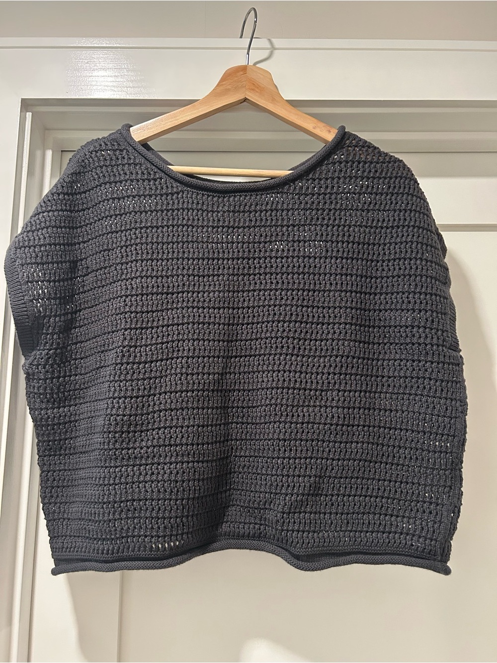 Curator SF Ethically Made Charcoal Grey Crochet Crewneck Sweater Top